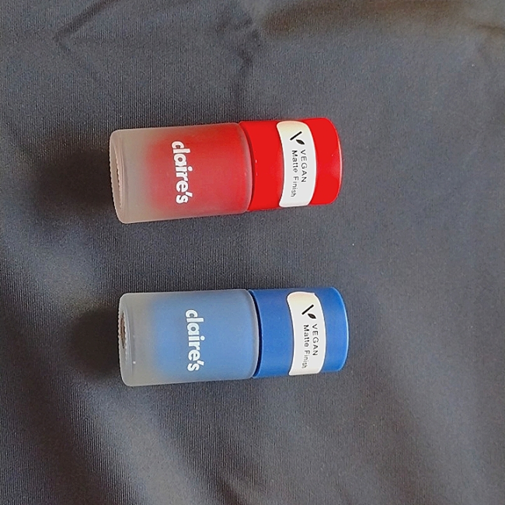 Red and blue vegan Claire's brand matte nail polish.